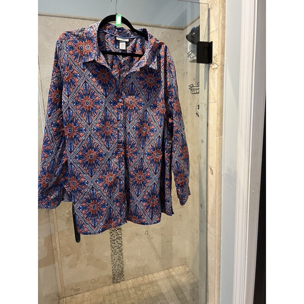 Catherines Women 3X 26/28W Blue Orange Medallion Button Down 3/4 Sleeve Blouse